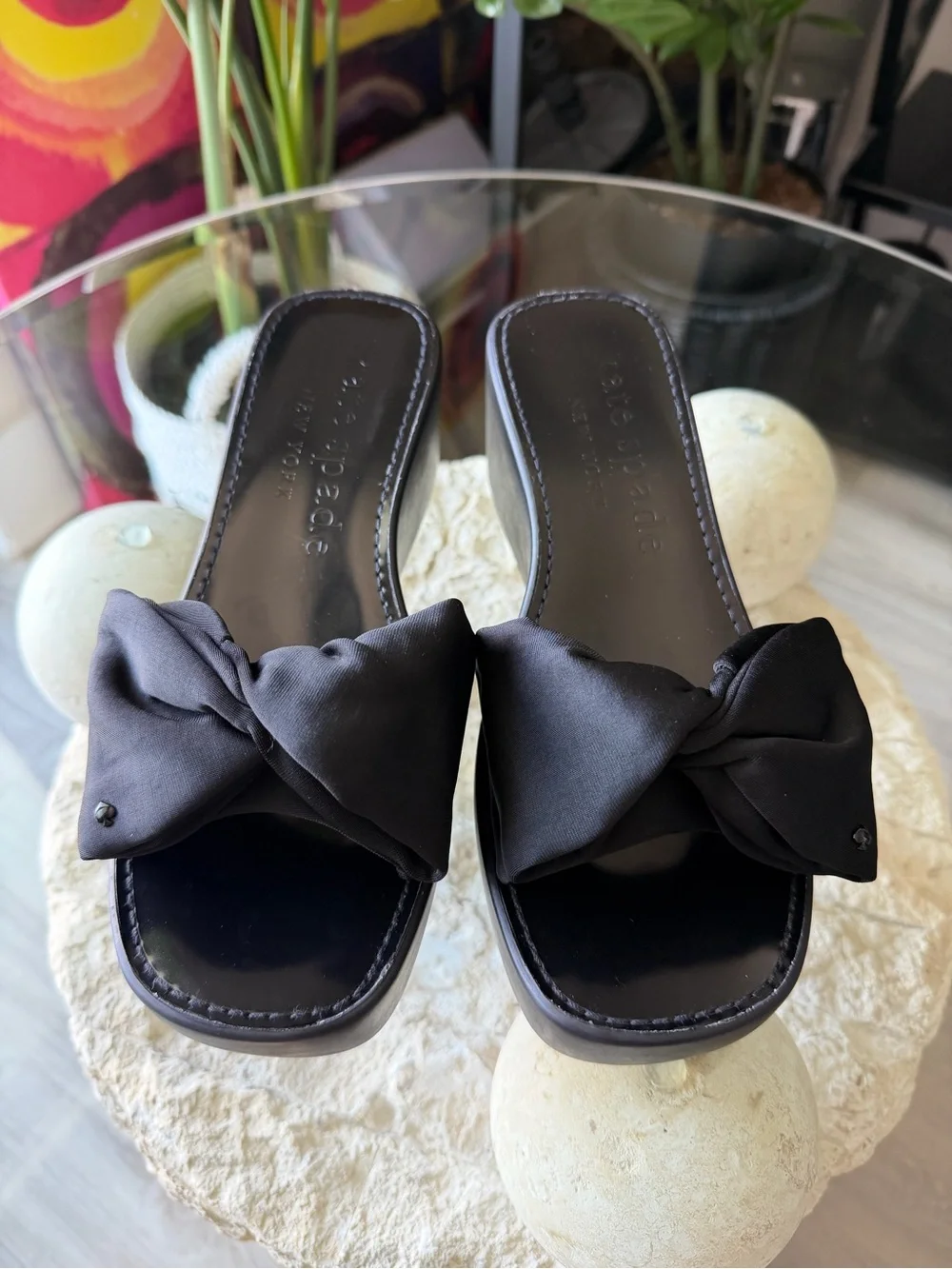 Kate Spade New York Bikini Wedge Platform Slide Sandals Black Bow US 7.5